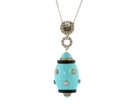 A vintage turquoise, opal, diamond and onyx pendant and chain in 18ct white gold, the large, barrel shaped turquoise body wit