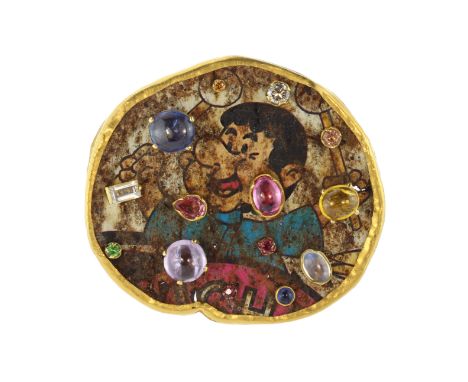 FALKO MARX A jewelled pictorial brooch in high carat yellow gold by Falko Marx signed FM 2000 Koln, set with an irregular ova