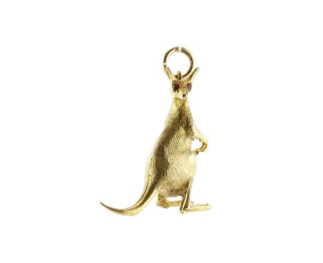 A vintage jewelled kangaroo pendant / charm in 9ct yellow gold designed as a mother kangaroo carrying a baby in her pouch, bo