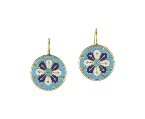 A pair of antique enamel earrings in high carat yellow gold each designed as a circular motif with varicoloured blue and whit