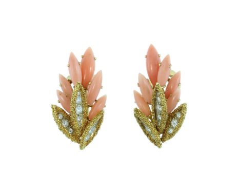 CUSI A pair of Vintage Italian coral and diamond clip earrings in 18ct yellow gold by Cusi circa 1960, each of foliate design