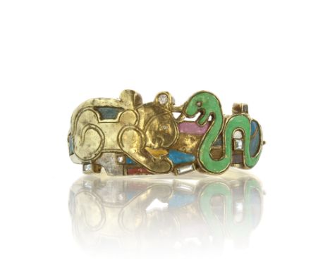 ANTON FRUHAUF A mid-20th Century jewelled enamel lion &amp; snake bangle in silver gilt by Anton Fruhauf designed as a a lion
