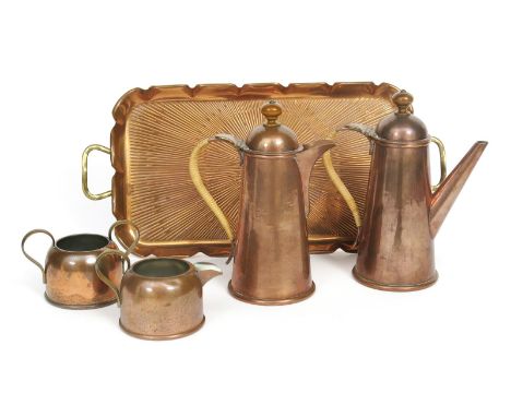 A Hart and Huyshe Campden copper four piece coffee set, comprising coffee pot with hinged cover, hot-water jug and cover, mil