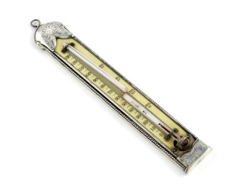 An early H.G. Murphy silver and ivory thermometer, rounded rectangular form, rope-work border and loop terminal, with niello 