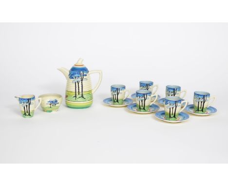 'Blue Firs' a Clarice Cliff Bizarre Lynton coffee set for six, painted in colours between graduated blue and green bands, com