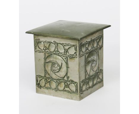 A Scottish tin caddy  with hinged cover, square section stamped in low relief with a Glasgow rose motif, to each side, unmark
