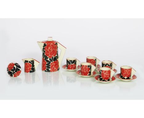 'Latona Red Roses' a rare Clarice Cliff Bizarre Conical coffee set for six, comprising coffee pot and cover, milk-jug and sug