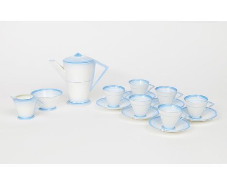 A Shelley porcelain Eve coffee set for six designed by Eric Slater,  comprising coffee pot and cover, milk-jug and sugar basi