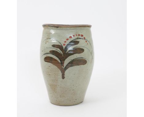 David Leach OBE (1911-2005) a Lowerdown Pottery stoneware Foxglove vase,  painted in tenmoku, blue and iron red on an oatmeal