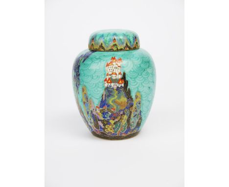 'Fairy Castle' an Art Deco Crown Devon Mattajade ginger jar and cover, painted in colours on a turquoise combed ground, highl