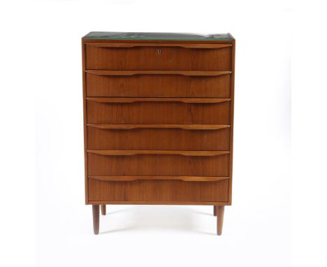 A Danish teak six drawer chest of drawers,  on four turned legs, with glass top, another smaller teak chest of drawers on leg