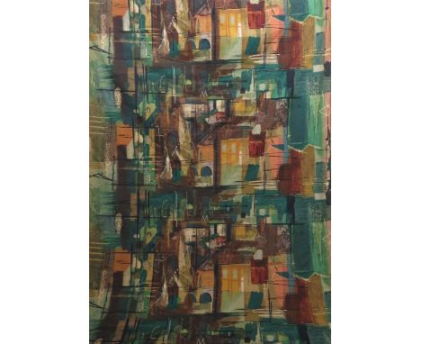 'Stones of Bath' a Sandersons pair of printed cotton curtains designed by John Piper,  in autumn shades of green, brown and b