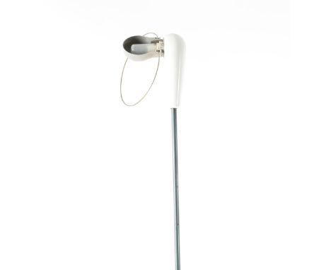 A Flos Biblap floor lamp designed by Achille Castiglione,  slender rod stem with white enamelled base and lamp, and a plastic
