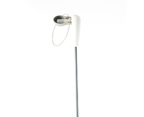 A Flos Biblap floor lamp designed by Achille Castiglione,  slender rod stem with white enamelled base and lamp, and a plastic