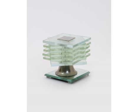 A Modernist glass and chrome table lamp the design attributed to La Maison Desny, offset square plates of glass on chrome ste