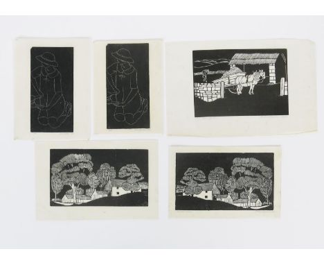 Arthur Gaskin RBSA (1862-1928) The Farm Yard, 1926 woodcut print on paper and four other Gaskin prints, signed, titled and da