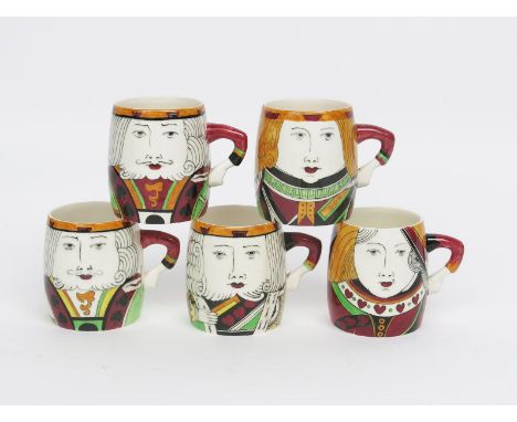 Five Clarice Cliff Playing Card mugs, the handle modelled as a bent arm and hand, each printed in colours with a  picture car