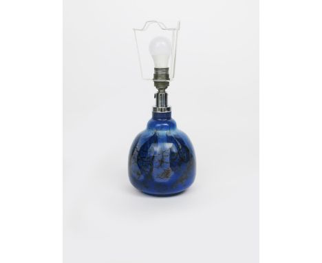 A WMF Ikora glass lamp base, shouldered blue glass with brown veins and air bubbles, cased in clear, with chrome mount stampe