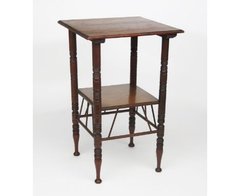 An Aesthetic Movement Oetzmann & Co occasional table in the manner of E.W. Godwin, with square section top and shelf, on  tur