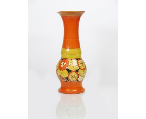 'Sliced Fruit' a unique Clarice Cliff Bizarre large floor vase, painted in colours between orange and yellow bands, printed f