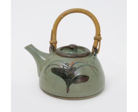 David Leach OBE (1911-2005) a Lowerdown Pottery stoneware Foxglove  teapot and cover, painted in blue, tenmoku and iron red o