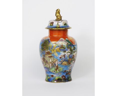 'Chinaland' a tall Art Deco Carlton Ware Tomb jar and cover, pattern 2948, painted in colours on an orange ground, highlighte