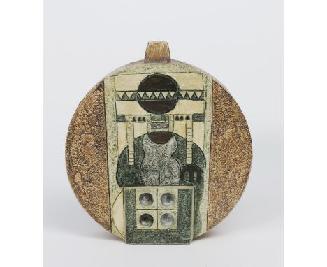 A large Troika Pottery wheel lamp base by Alison Brigden, circular, cast in low relief with panels of stylised female torso, 