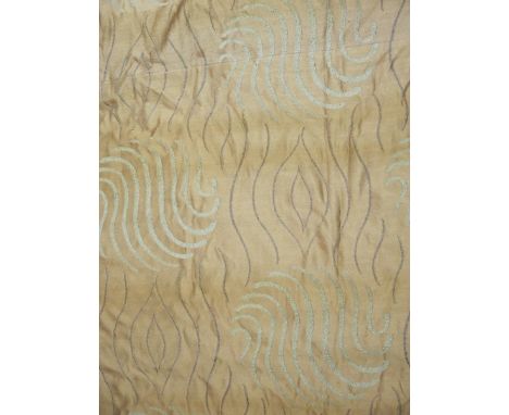 A pair of large silk embroidered curtains,  each on salmon pink ground with metallic silk embroidered geometric waves and cir
