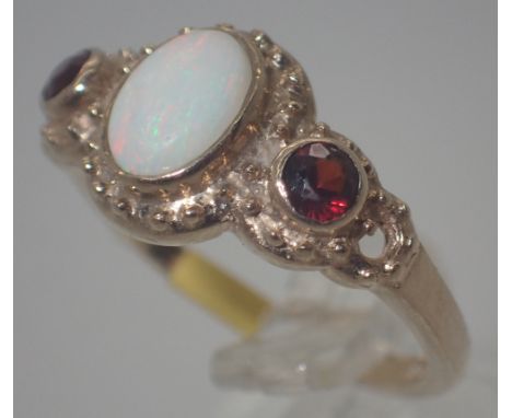 9 ct gold vintage style opal and garnet ring, size M