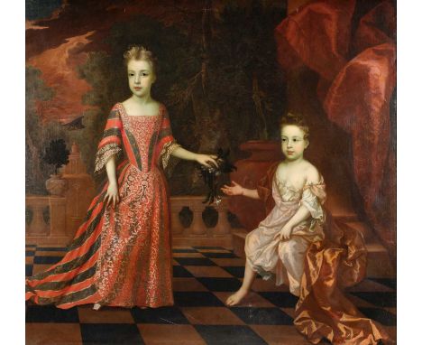 English School (17th Century) Portrait of two young girls on a chequer-board terrace, one standing, wearing a fine red dress 