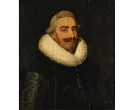 Follower of Cornelius Johnson (1593-1661)Portrait of a gentleman, head and shoulders, wearing a wide white ruff with a black 