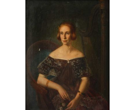 French School (c.1850) Portrait of Jane Octavia Maitland, Mrs Valpy, three-quarter length, seated, wearing a maroon dress dec
