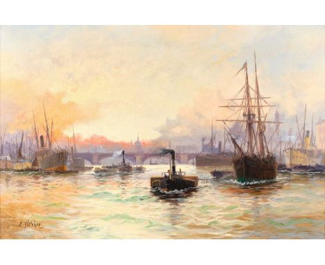 E. Fletcher (1857-1945)Shipping in the Pool of London at sunset, with view of St Paul's Cathedral to distanceSigned, oil on c