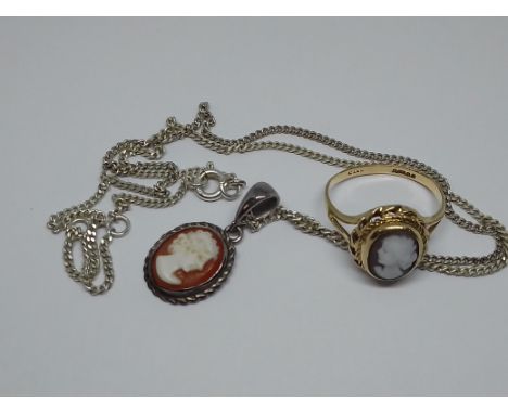 A 9 carat gold cameo ring wt. 2.3g, together with a silver cameo pendant on chain.  