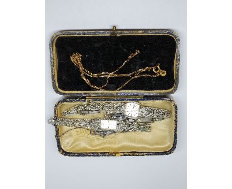 A hallmarked 9ct gold chain wt. 1.4g and two cocktail watches.  
