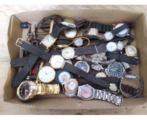 A box of assorted vintage and modern wristwatches.  