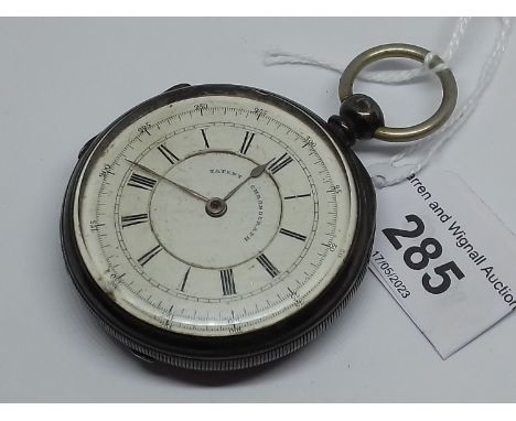 A silver cased chronograph pocket wtach.Condition:- 2 chips to edge of glass, some damage and wear to face, some small dents 