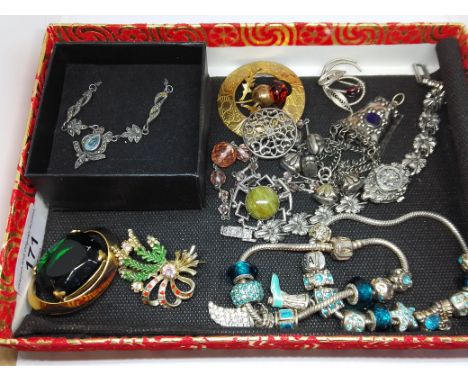 A tray of assorted white metal and vintage costume jewellery.  