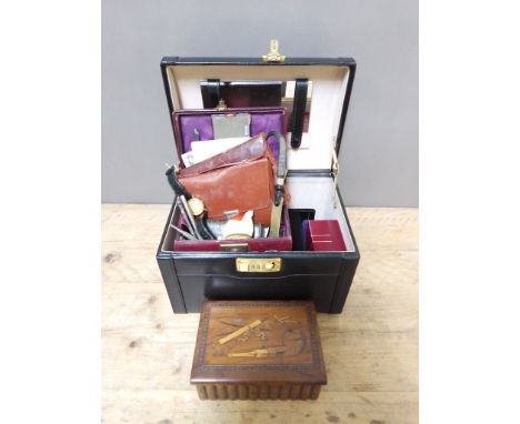 A jewellery box and contents including vintage manicure sets, an olive wood puzzle box, a hallmarked silver propelling pencil