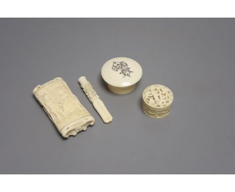 A small group of decorative ivory/bone including two trinket boxes, a snuff box and a cheroot holder