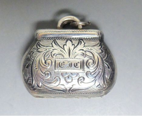 A Victorian novelty silver vinaigrette, modelled as a handbag, Joseph Wilmore, Birmingham, 1841, 28mm, with engraved initials