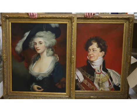 After Sir Thomas Lawrence, pair of oils on canvas, Portrait of George VI and Mary Robinson, 75 x 60cm