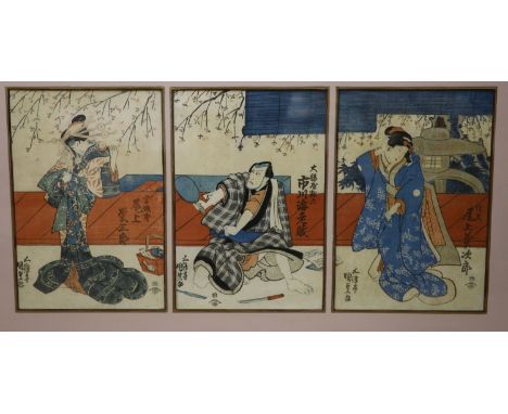 Kunisada, woodblock triptych print, Kabuki scene, a Lord, a Lady and a Lady of the Night, each 37 x 25cm, framed as one