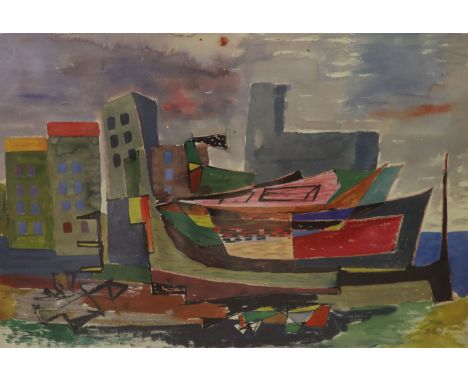 William Gear RA (1915-1997), offset lithograph in colours, Boats and Buildings, 1947, signed in pencil and numbered 8/200, si