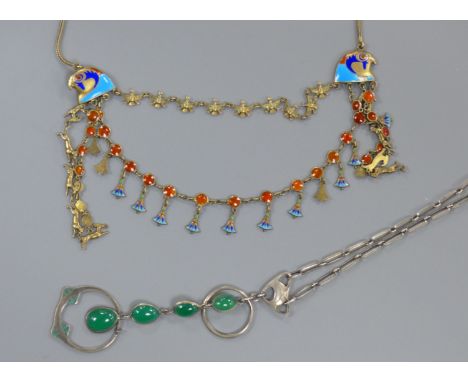 A continental 900 standard gilt white metal and enamel necklace, 46cm and a 935 white metal and chrysophase necklace.