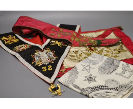 A late 19th early 20th century Masonic bullion worked embroidered and matching sash, plus a modern sash with silver gilt meda