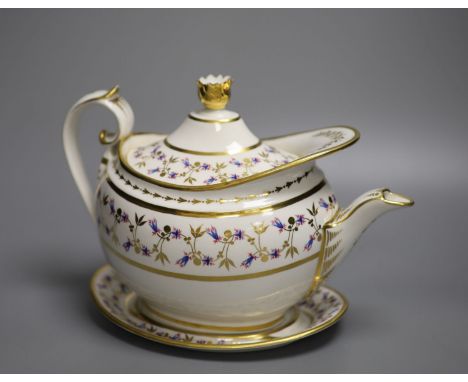 A Flight Barr and Barr teapot cover and stand, painted with cornflowers?, impressed mark to stand crown FBB, c.1825, height 1