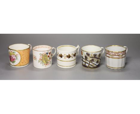 Five English coffee cans, Flight Barr with brown leaves, a Coalport coffee can with gilded palm trees, a Ridgway can with flo