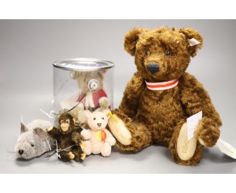 A Steiff Berlin bear, a Father Christmas bear, a small monkey, a mouse and pink bear (5)