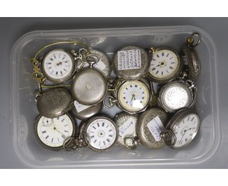 Twenty assorted mainly continental white metal fob watches, including two with enamel (a.f.).